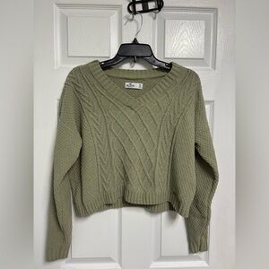 Hollister Cable Knit V-Neck Cropped Sweater Olive Green Women’s Size XS